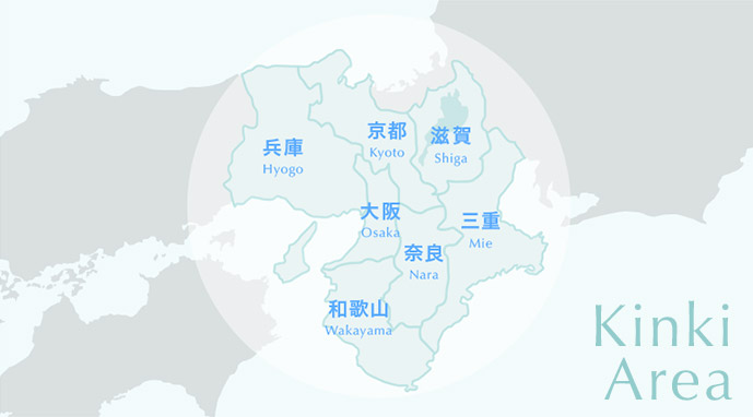 大阪、京都、兵庫、奈良、滋賀、三重、和歌山の地図のイラスト